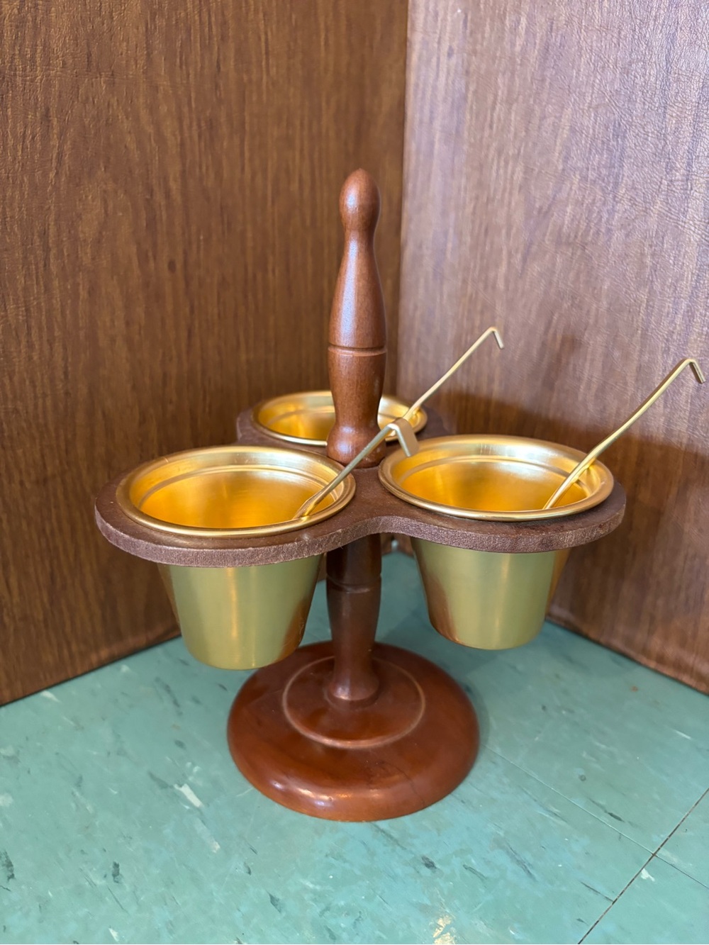 Vintage Chadwick Condiment Caddy Wooden and Metal Sauce Holder Mid Century 1960